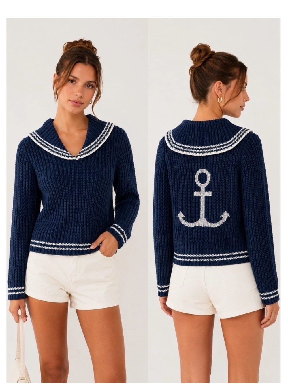 NWT! Marled Navy Blue Nautical Anchor Sailor Chunky Knit Cotton Sweater - XS
